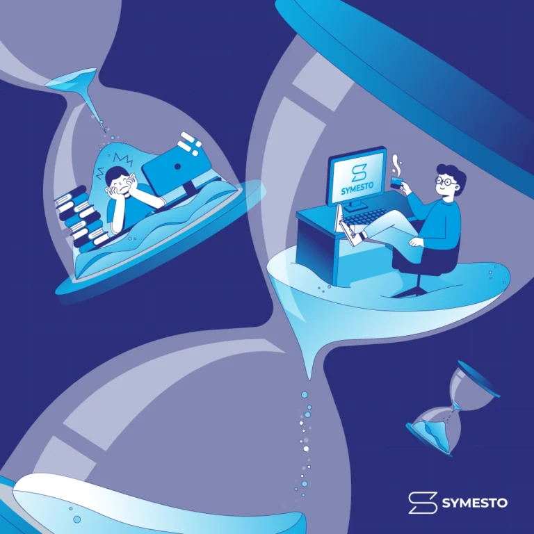 Ilustracja kontrastu między chaotycznym, ręcznym obiegiem dokumentów a uporządkowanym cyfrowym procesem w systemie Symesto, z nawiązaniem do KSeF i elektronicznego obiegu faktur.